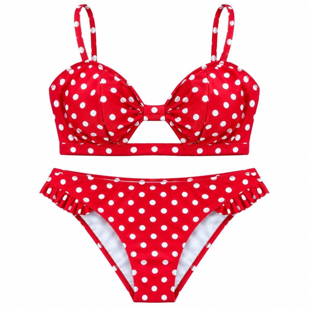 Cupshe Red Polka Dot Ruffle Bikini Set Medium Retro beach swim Resortwear travel